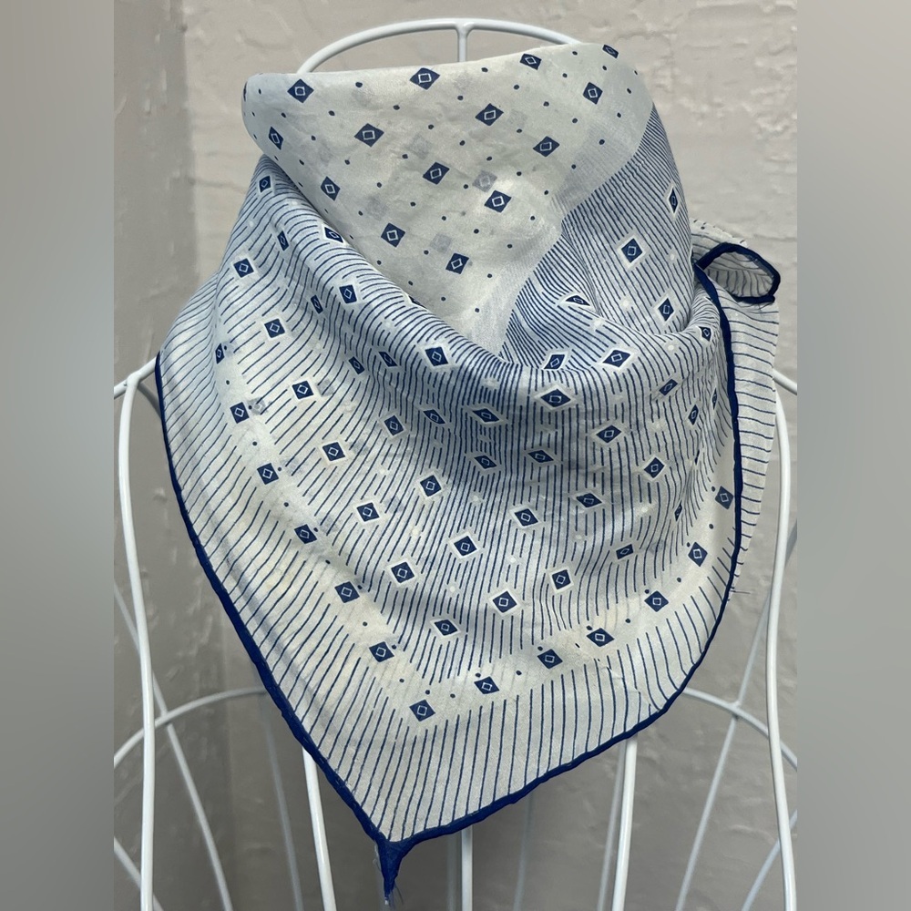 Vintage Silk Blue White Geometric Pocket Square Neckerchief Hand Rolled Scarf